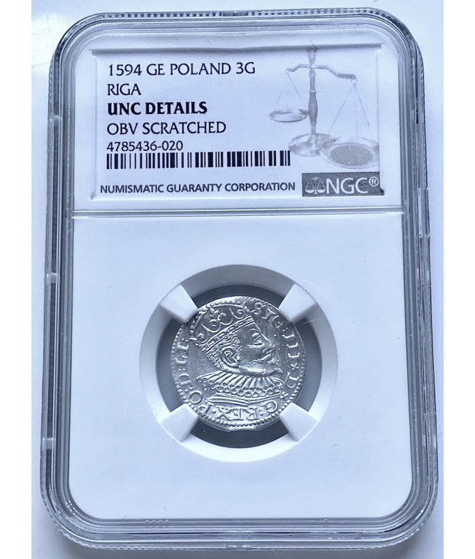 POLSKA , TROJAK 1594 Ryga NGC UNC DETAILS