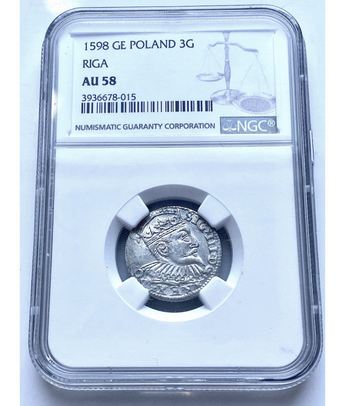 Trojak Ryski 1598 r. (Ryga) - Zygmunt III Waza | Stan NGC AU 55 - Polska srebrna moneta