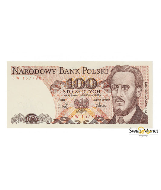 100 zł Ludwik Waryński 1988 seria SW UNC