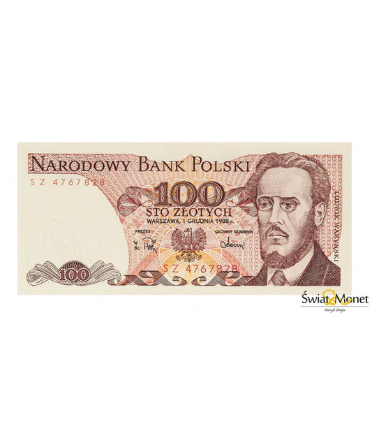 100 zł Ludwik Waryński 1988 seria SZ UNC
