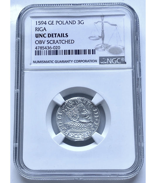 POLSKA , TROJAK 1594 Ryga NGC UNC DETAILS