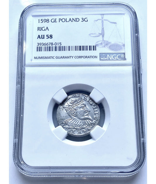 Trojak Ryski 1598 r. (Ryga) - Zygmunt III Waza | Stan NGC AU 55 - Polska srebrna moneta