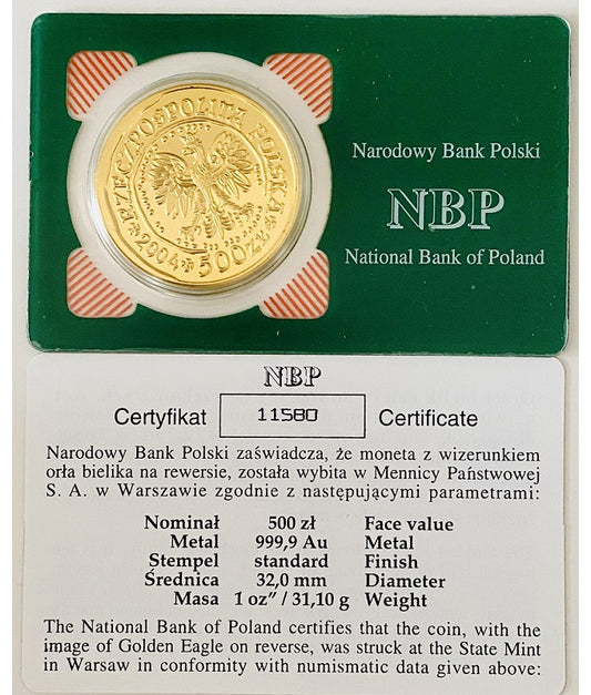 Złota moneta 500 zł Orzeł Bielik 2004